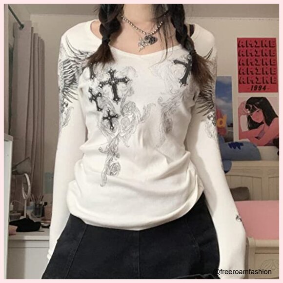 Long Sleeve Crop Top Fairy Grunge Graphic Tee Y2K Vintage Ribbed - Picture 4 of 5